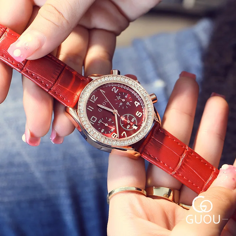 AAA GUOU Роскошные модные женские нарядные часы из натуральной кожи кристаллический