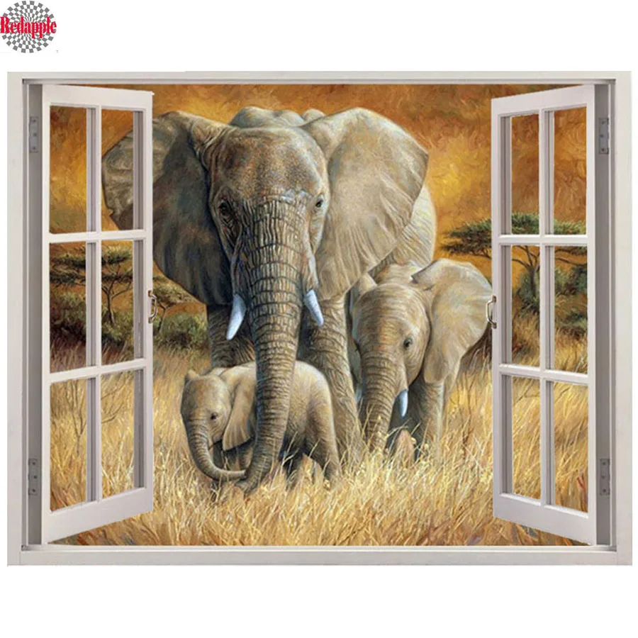 

5d Diy Diamond Painting window outside "African steppe elephant" view Full Square round Cross Stitch Diamond Embroidery decor