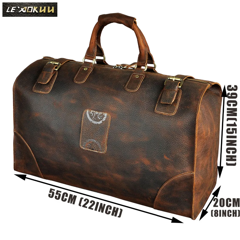 Quality Crazy Horse Leather Male Heavy Duty Vintage Design Handbag Duffle Luggage Bag Fashion Travel Suitcase Tote Bag A8151