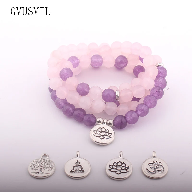 Модный дизайн браслет Howlite из натурального камня с 108 бусинами розовый и