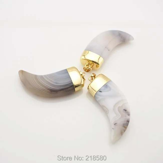 H-1PPNJ3056G серые кружевные Агаты Рог Подвески в виде Клыка с золотым гальваническим