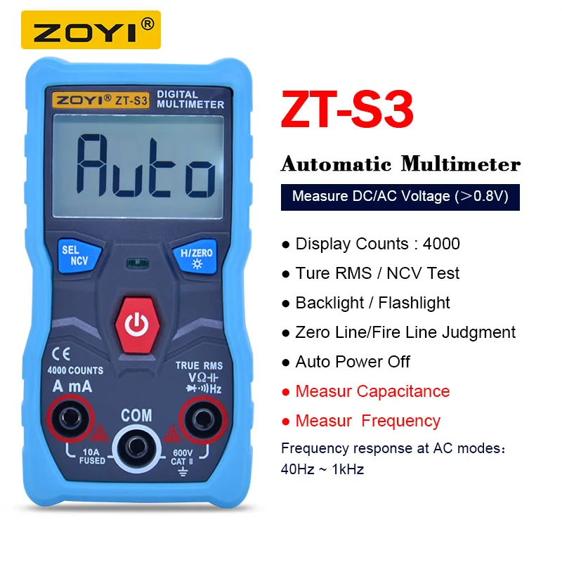 ZT-S3 ZOYI ZT-S1/ZT-S2/ZT-S3/ZT-S4 4000 отсчетов Автоматический диапазон True RMS ЖК-цифровой мультиметр с NCV удержанием данных и ЖК-подсветкой+ коробка EVA - Цвет: ZT-S3
