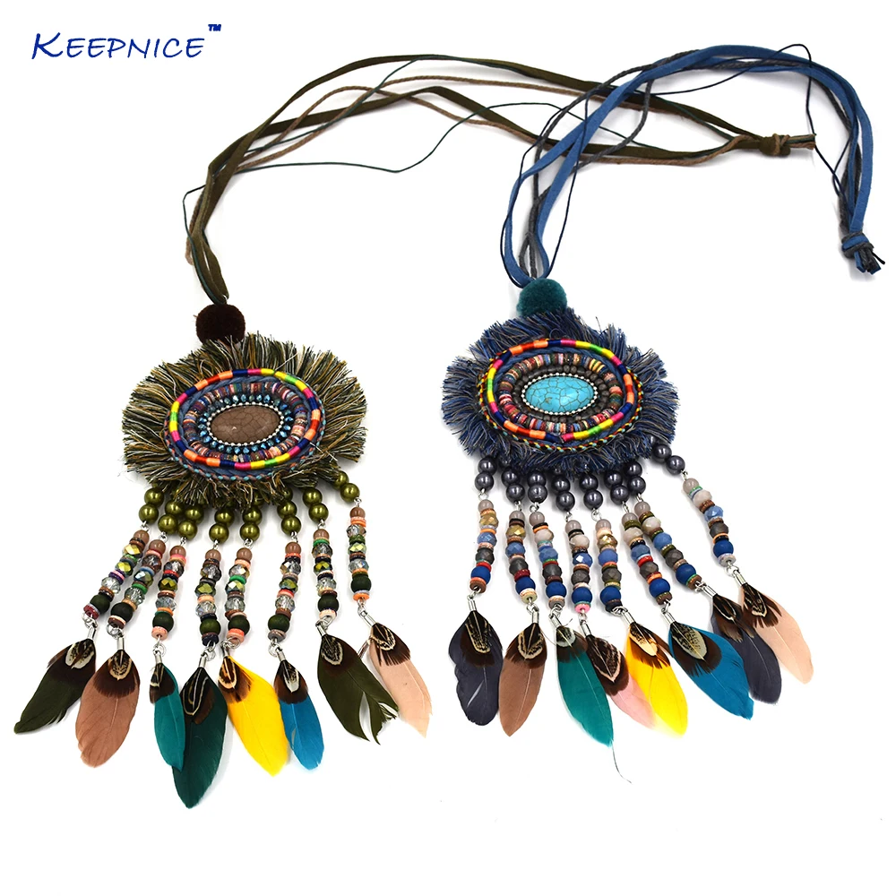 

New Handmade Bohemia Boho Beads Long Fringe Pendant Maxi Necklace Colorful Beaded Chain Feather Tassel Pendants Necklaces