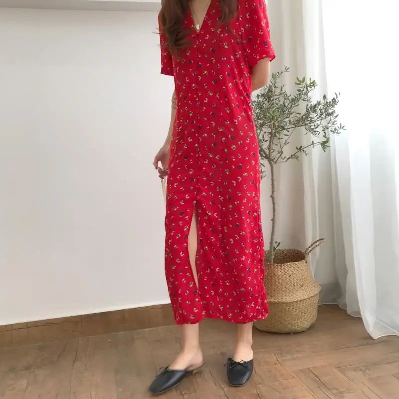 Корейский нежный дикий цветочный узор v-образный вырез тонкий платье 2019 Лето