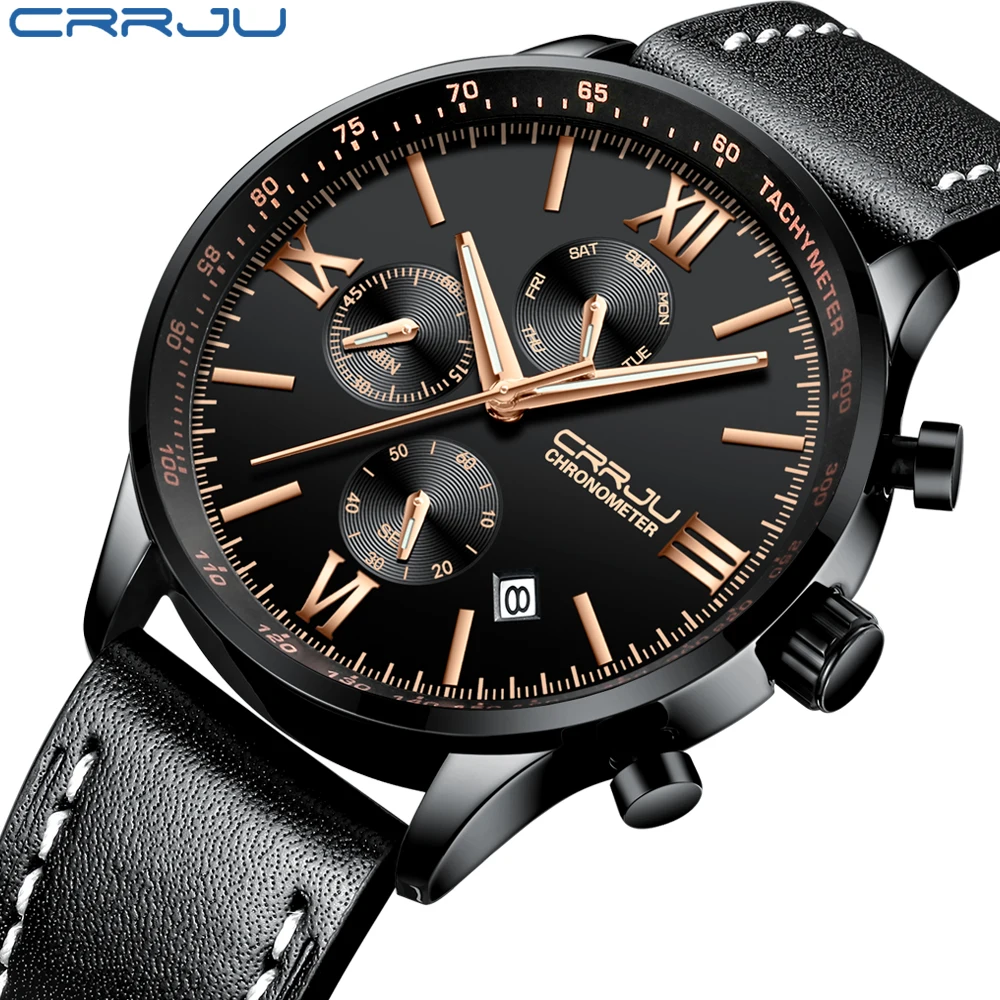 

CRRJU New Mens Watches Top Brand Leather Chronograph Waterproof Sport Automatic Date Quartz Watch For Men Relogio Masculino