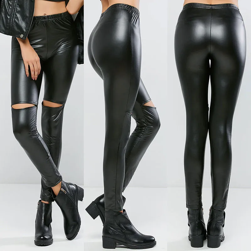 

High Quality Women Sexy Stretchy Leggings Slim Pencil Pants Leather Trousers Sexy Holes Black Women Leather Skinny Pants