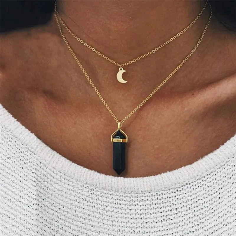 Женские двойной Слои колье-чокер летний богемный стиль натуральный камень кулон