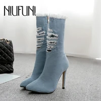 niufuni fashion pointed denim hole boots women 2021 new spring autumn mid calf boots women casual thin high heels ladies shoes