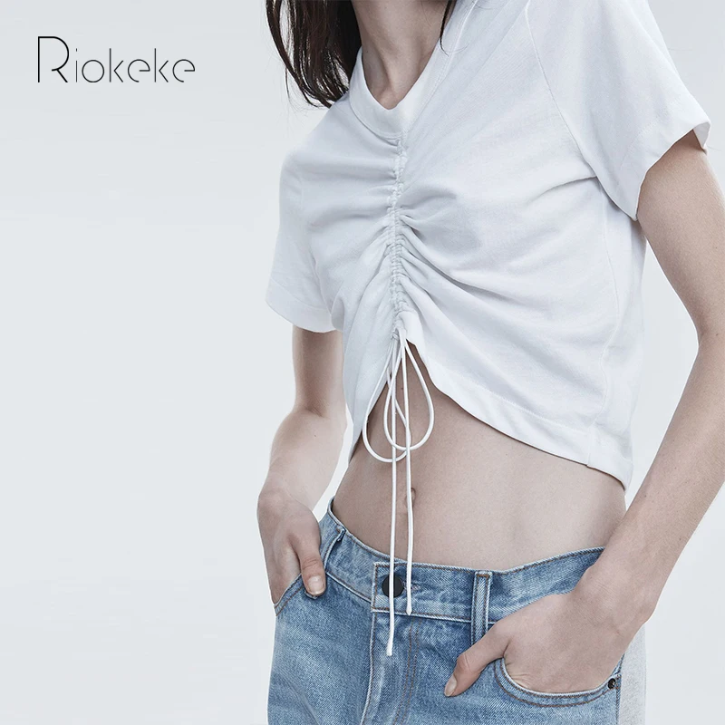 Riokeke укороченный топ короткая футболка для женщин из хлопка с завязками