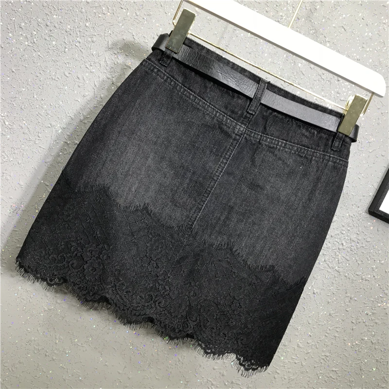 

European station denim skirt 2019 women new spring and summer stitching mesh stitching irregular skirt H309