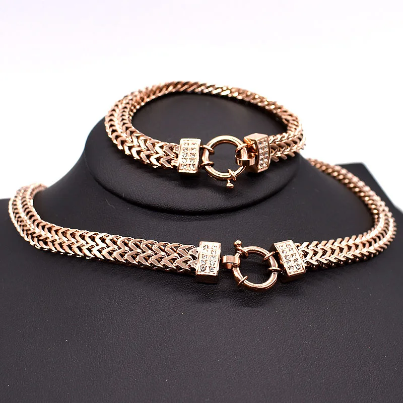 Rose Gold AMUMIU Новое поступление мужская цепочка ожерелье браслет наборы для ухода за кожей специальный замок змея из нержавеющей стали Для женщин бижутерия золотого цвета HZTZ125 - Окраска металла: Rose Gold