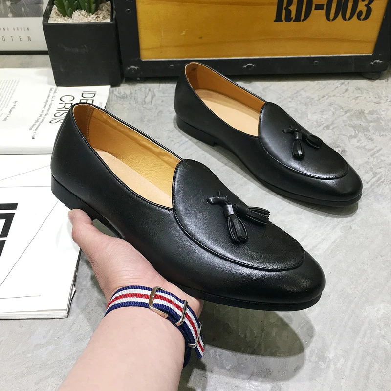 Мужские лоферы Летние черные Искусственная кожа кисточкой Пенни-Лоферы Мокасины