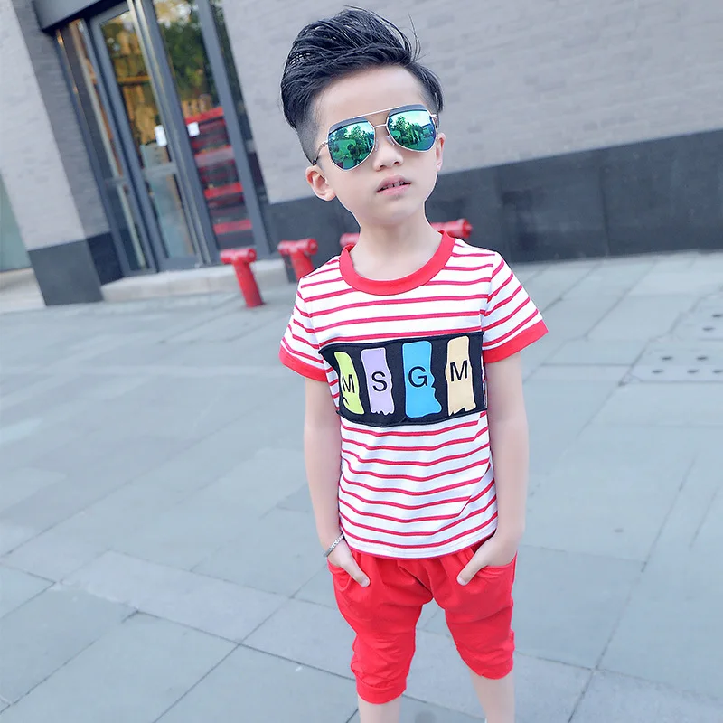 Children Set 2021 summer new children's two-piece boy cotton stripe short sleeve + pant 2pcs sets |
