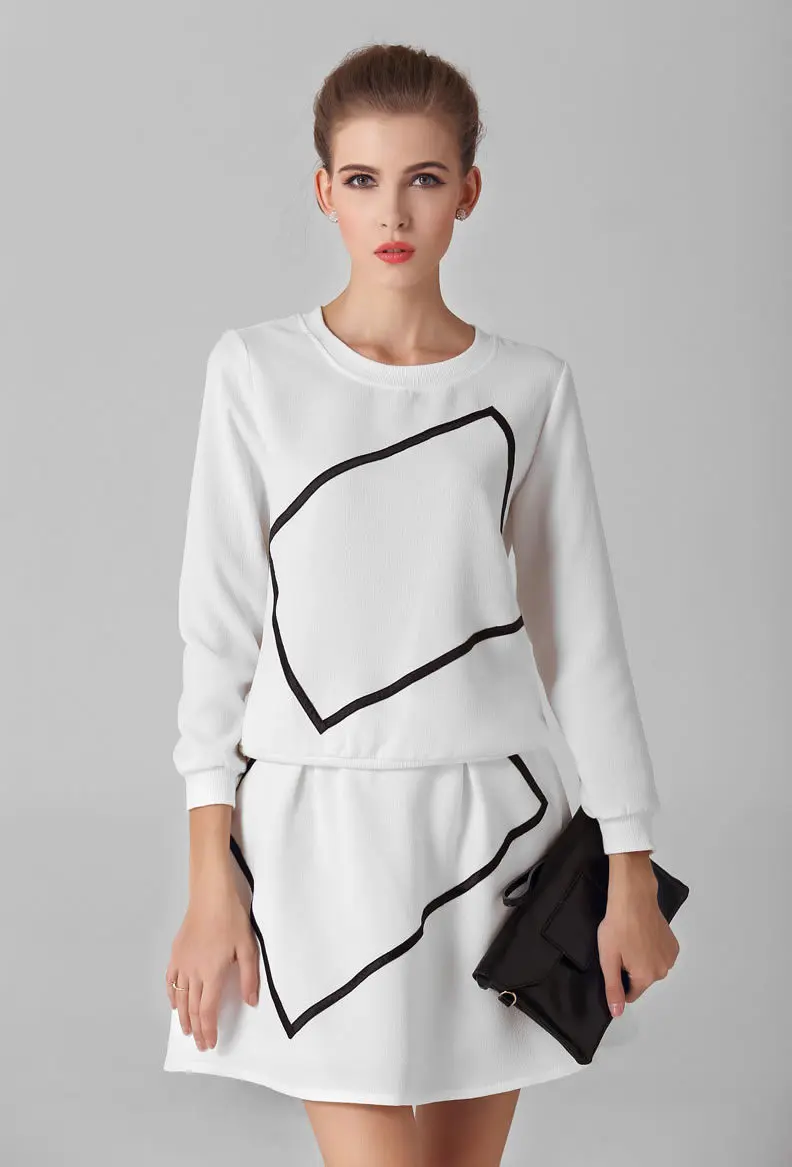 Высокое качество мода аппликации женская белый с длинным рукавом и юбка женские