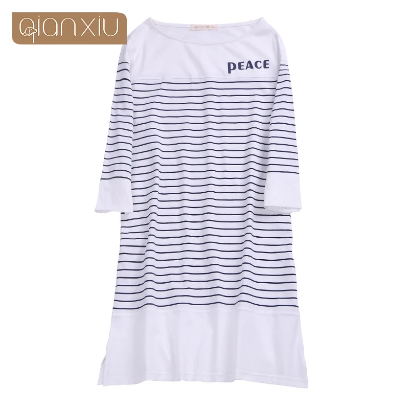 

Qianxiu Women 3/4 Sleeve Nightgown Stripe Sleepwear Loose Casual Nightshirt Nightdress 1786