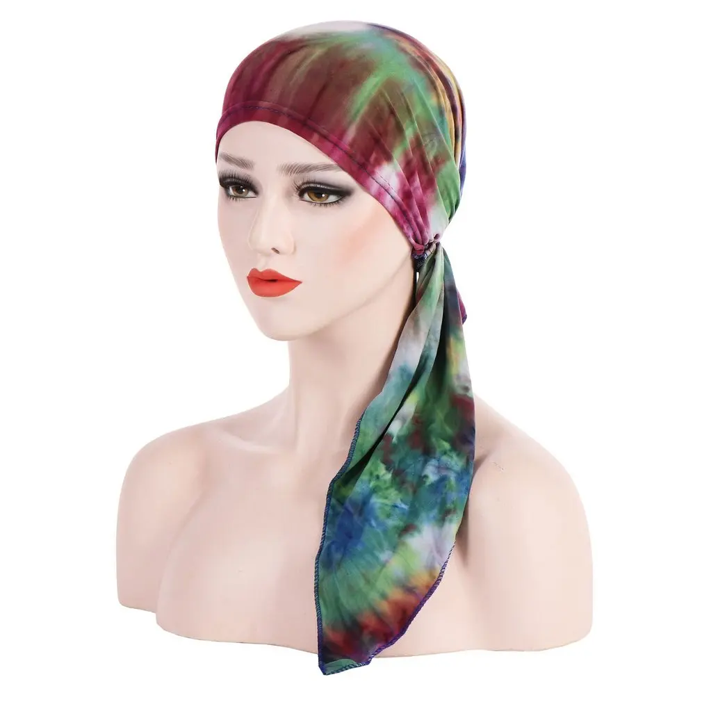 New Tie-dyed Curved Hat Flower Silk Woman Muslim Baotou Cap Fashion Accessories Caps Skullies Hats |