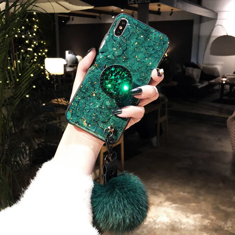 Мраморный Гладкий Hairball ручной ремешок держатель блестящий золотой фольги теплый роскошный женский чехол для iPhone Xs Max XR 6 7 8 Plus