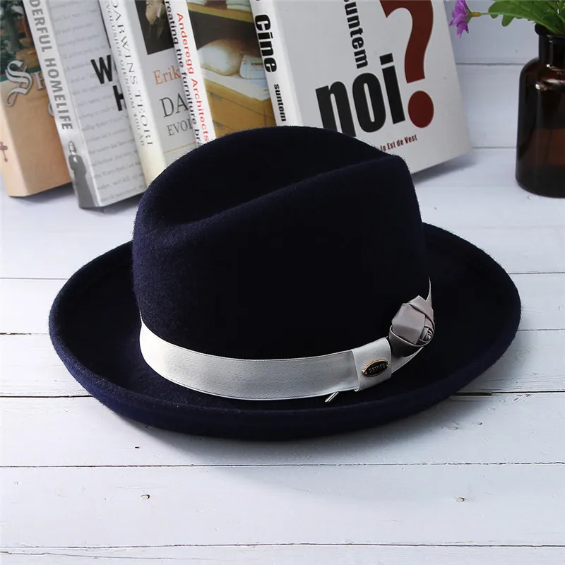 Классическая homberg Шляпа Fedora для мужчин женщин Винтаж сплошной цвет изогнутый край шерсть фетровая шляпа с лентой ручной работы цветочный