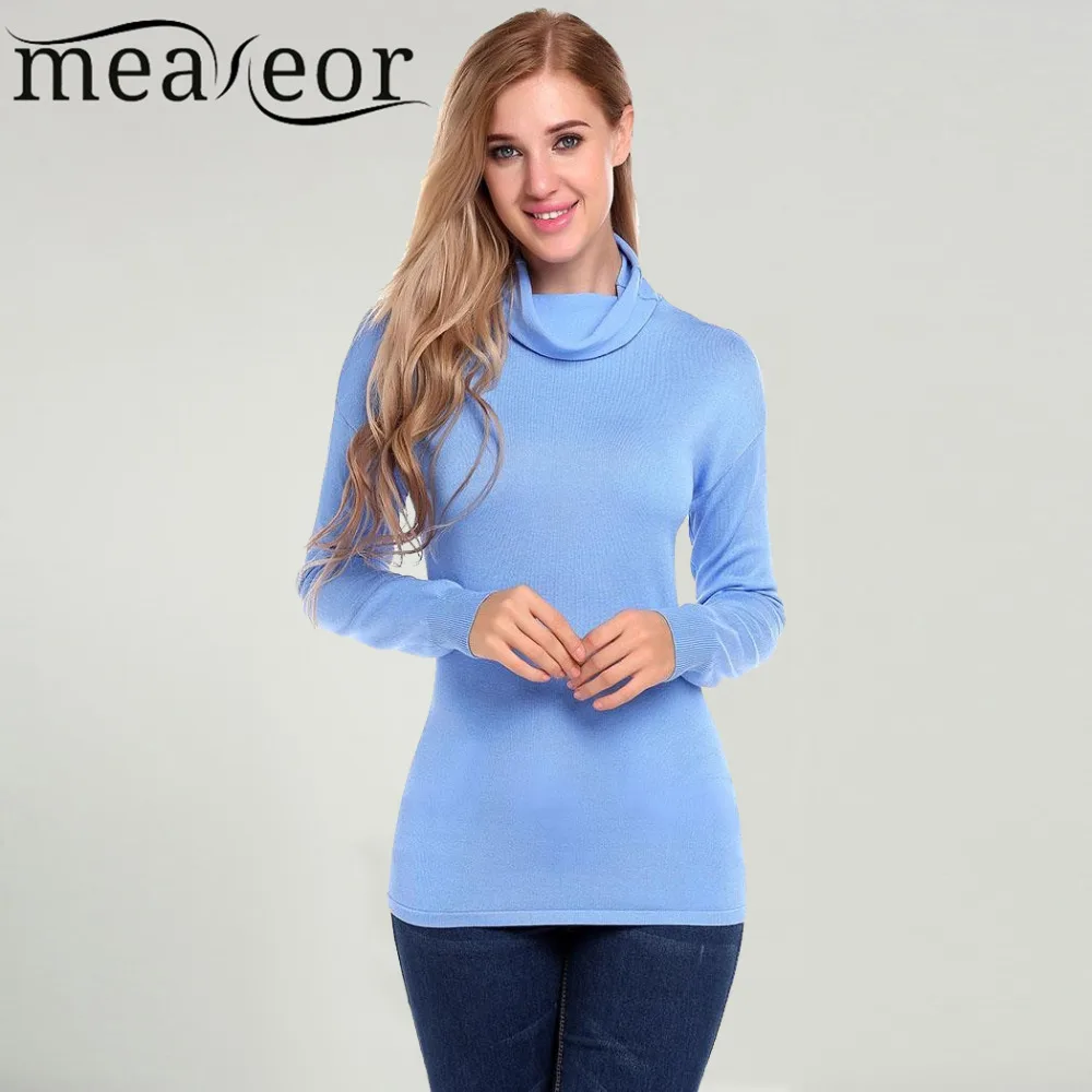 Meaneor New Women Sweaters Cowl Neck Long Sleeve Solid Loose Fashion 2017 Autumn Winter Elegant Slim Christmas Sweater | Женская одежда