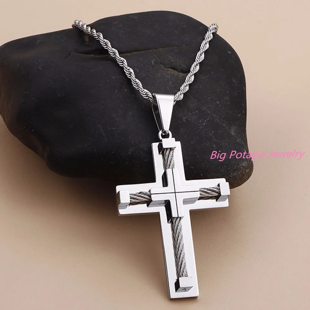 New Design Vintage Bold Large Layered Statement Cross Pendant Necklace For Men Stainless Steel 24&quot Box Chain |