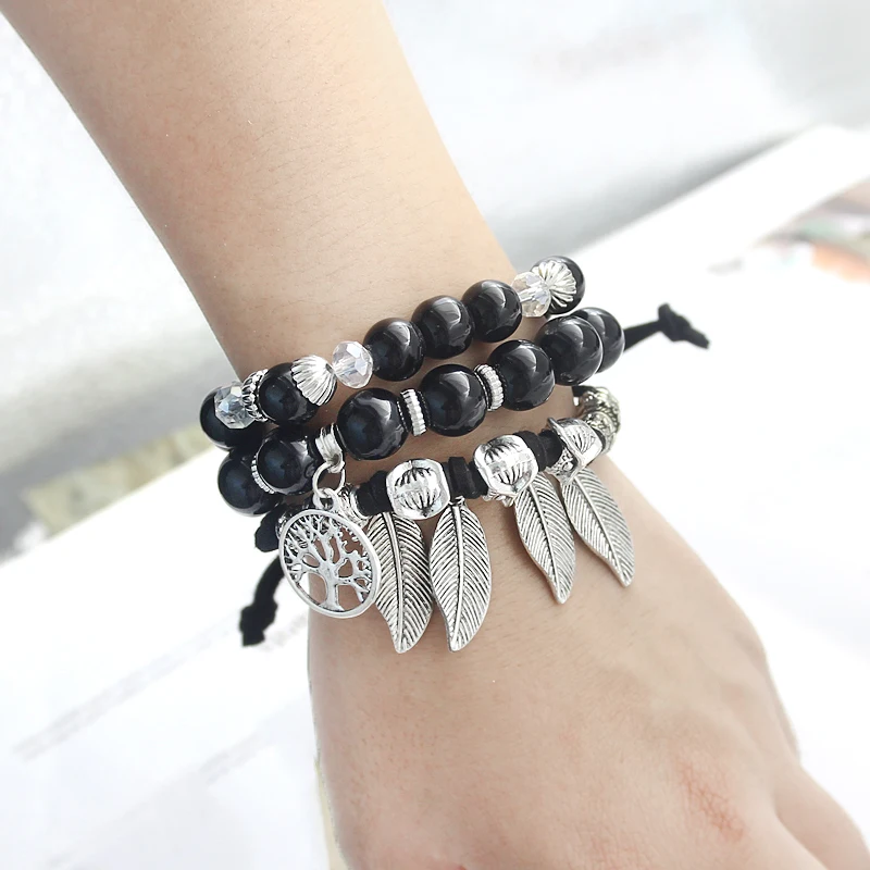 Natural Pattern bead Bracelet Multiple circles DIY Colorful Stone pattern crystal Bead Silver leaf Owl 3D carve Jewelry gifts | Украшения и
