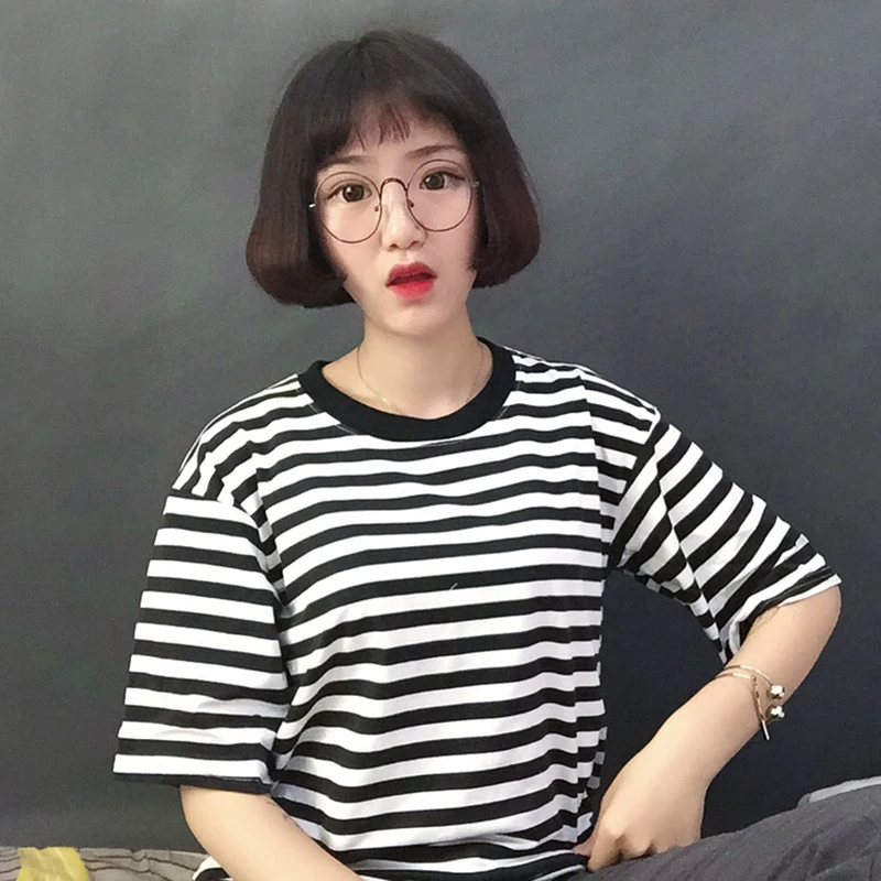 Женская Футболка Туника Kawaii Girl винтажная свободная полосатая Ins шикарная