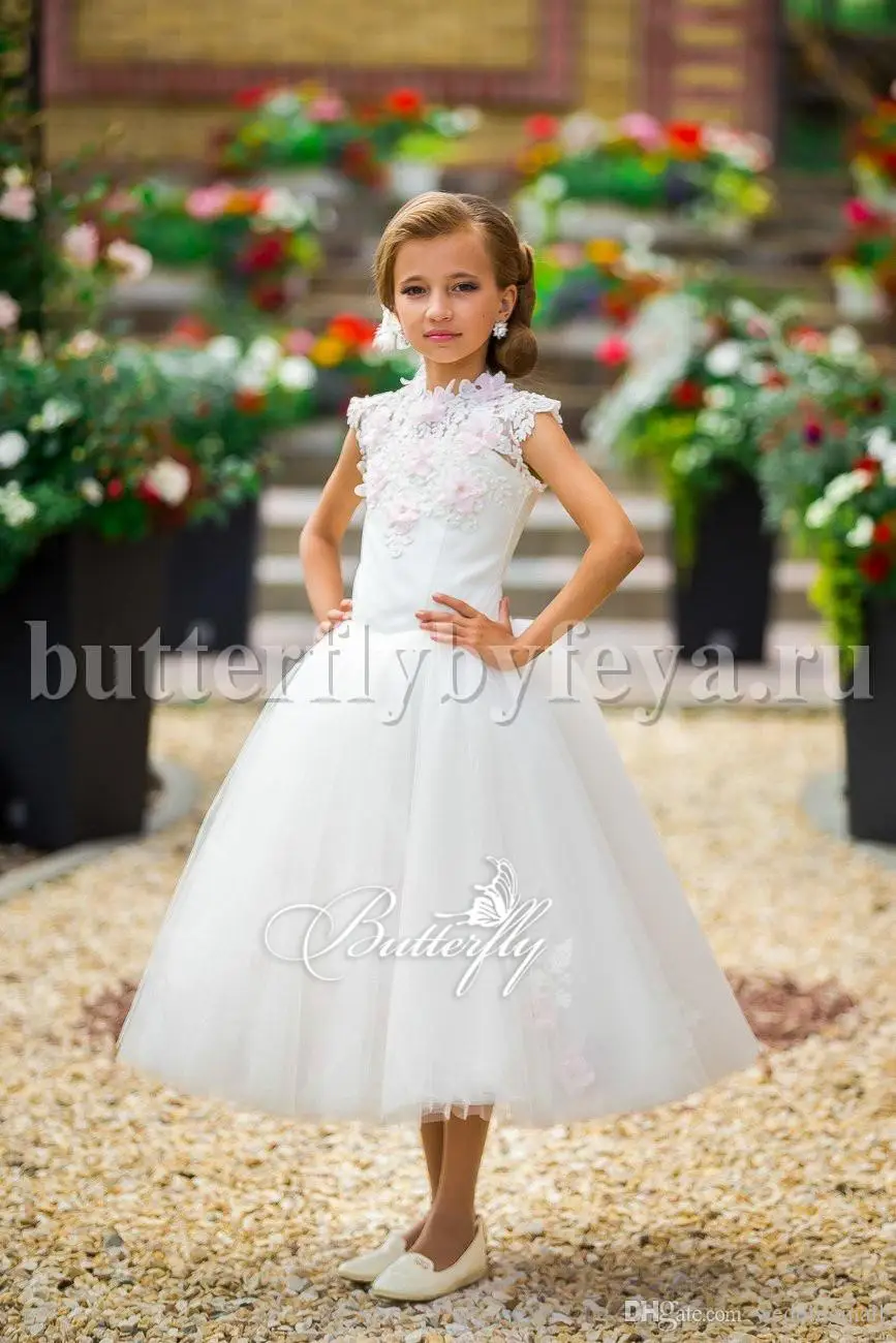 White High Neckline Tea Length Ball Gown Cape Sleeves Lace 2017 Floral Flower Girl Dresses Beaded Vintage Pink 3D Flowers | Свадьбы и