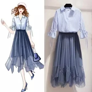 short sleeve Летний женский комплект из двух предметов, женская рубашка в полоску с цветочной вышивкой+ сетчатая юбка, костюмы для леди, винтажный элегантный спортивный костюм, одежда F132 - Цвет: short sleeve