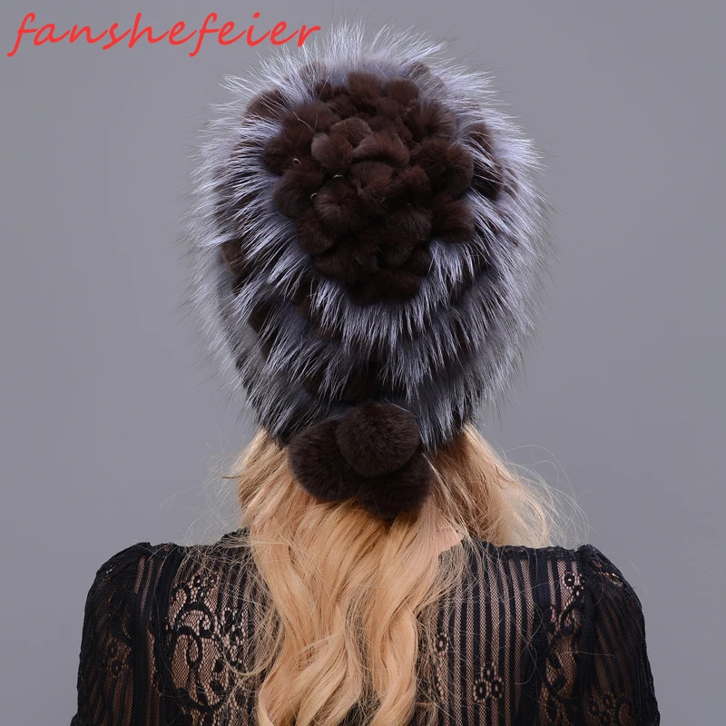 FANSHEFEIER Женская Зимняя Шапка-бини, настоящий мех кролика, женская вязаная шапка, утолщенная Женская Роскошная шапка с лисой