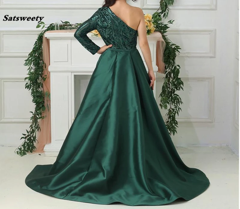 Роскошные темно-зеленые вечерние платья 2021 на одно плечо с блестками платье