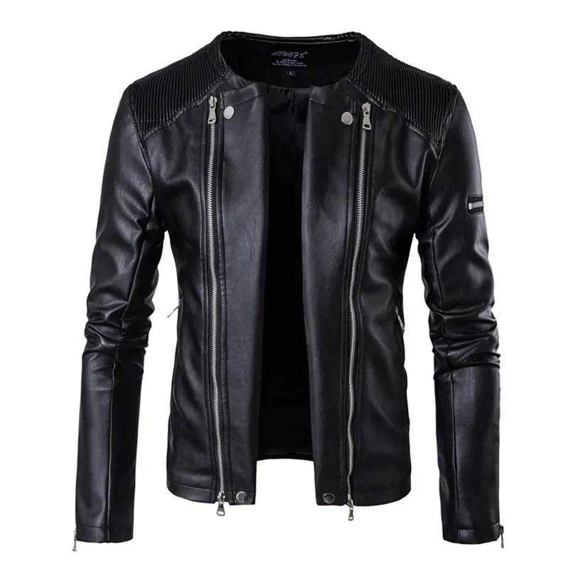 Мотоцикл кожаные куртки для мужчин осень зима Стенд воротник Slim Fit Multi застёжки молнии Байкер PU кожа мужская кожаная куртка и пальто 5XL