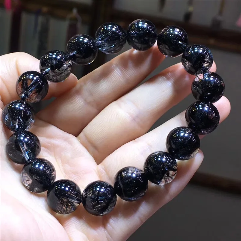 12 мм натуральный черный волос Rutilated Кварцевый браслет кристалл для женщин и