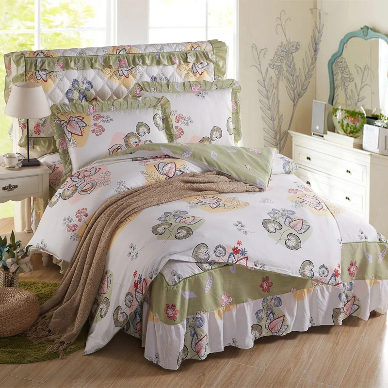 

4Pcs 100% cotton printing luxury bedding sets queen king size duvet cover set bed skirt set pillowcase silk bedclothes