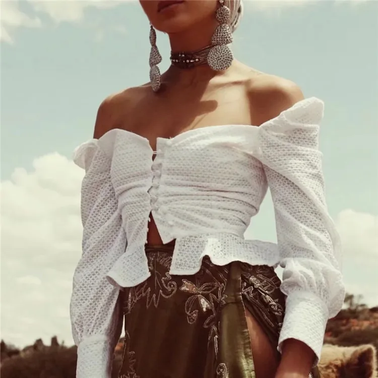 Женская ажурная рубашка в горошек с квадратным вырезом и вышивкой стиле ретро