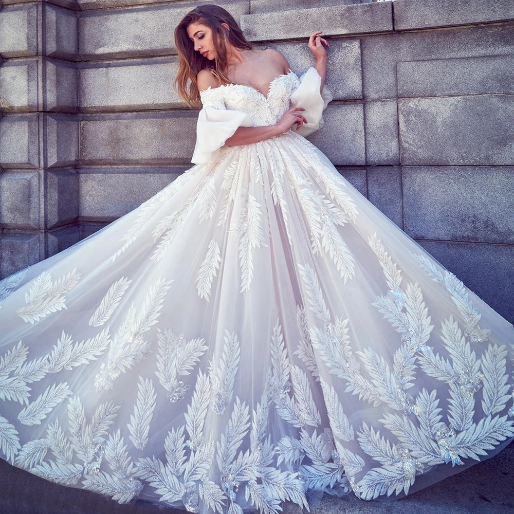 

Bohemian Bridal Wedding Dresses 2019 1/2 Flare Sleeves A Line Sweetheart Neck Romantic vestido de noiva Designer robe de mariee