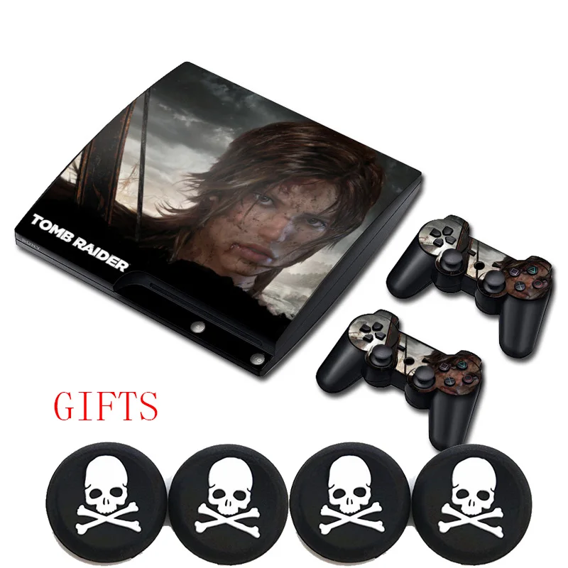 Tomb Raider Лара винил Стикеры этикета и 4x силиконовые Стик Череп шапки для Sony doulshock 3