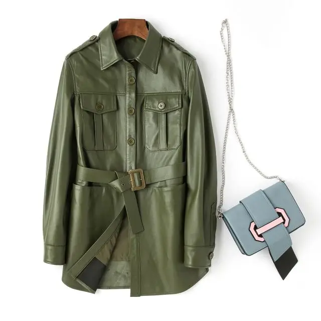 

Genuine Leather Long Jacket Women 100% Real Sheepskin Sheep Green Pocket Design Vintage Trench Leather Jacket Outwear With Belt