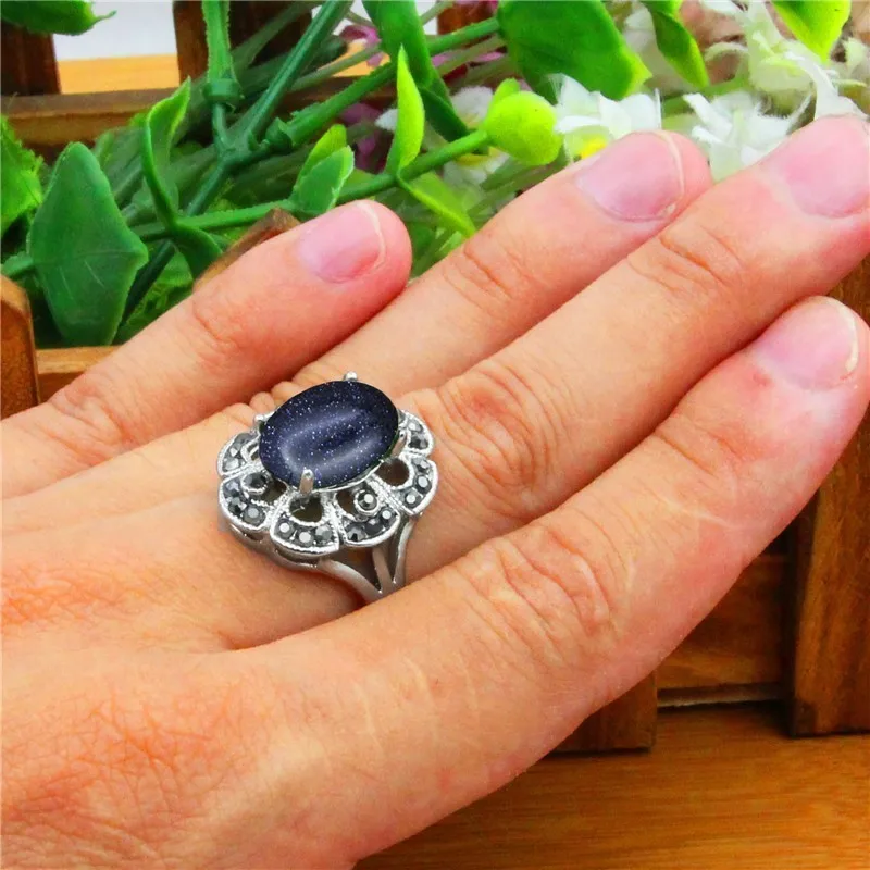 Oval Sequins Blue Stone Rings For Women Vintage Look Antique Silver Plated Rhinestone Plum Flower Fashion Jewelry TR691 | Украшения и