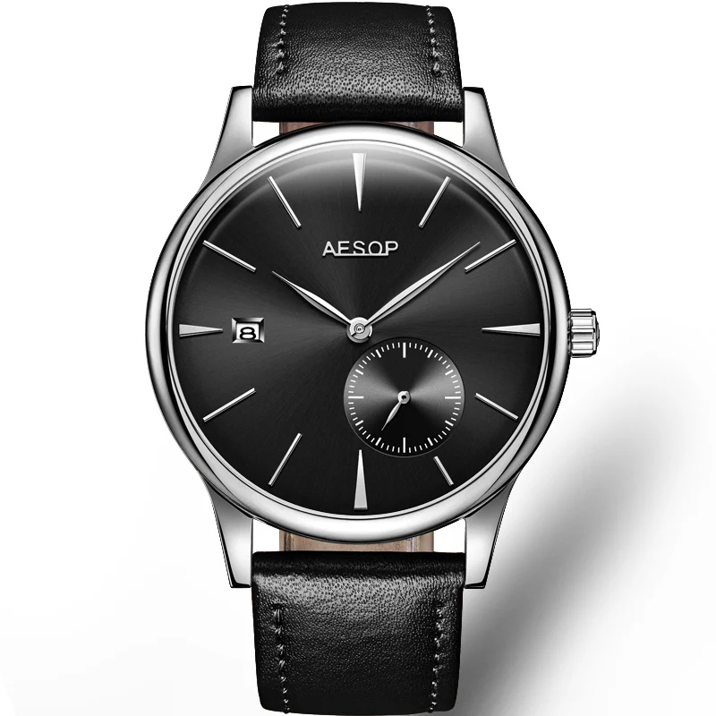 Silver black L B AESOP ультра тонкие автоматические механические часы для мужчин Сапфировая Кожа Мужские наручные часы Мужские часы Relogio Masculino - Цвет: Silver black L B