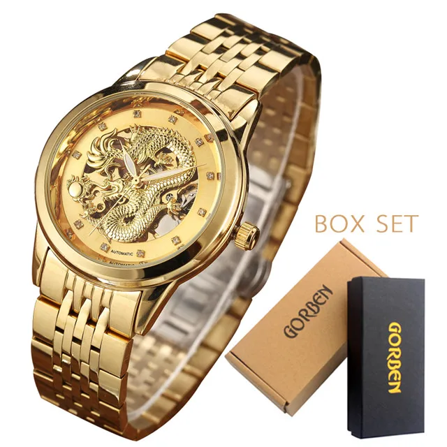 Watch 2 with box Роскошные Золотые Дракон Скелет автоматические механические часы мужские наручные часы нержавеющая сталь черные часы водонепроницаемые мужские крутые Reloj - Цвет: Watch 2 with box