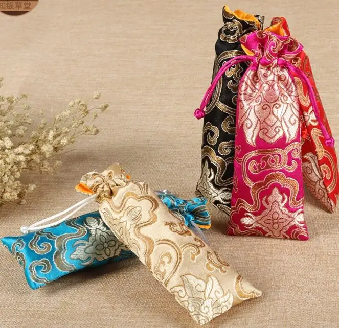 5 pcs 7x18CM,Drawstring Bag Silk Pocket jewelry pouches propitious cloud pattern mixed color Chinese traditional silk bag