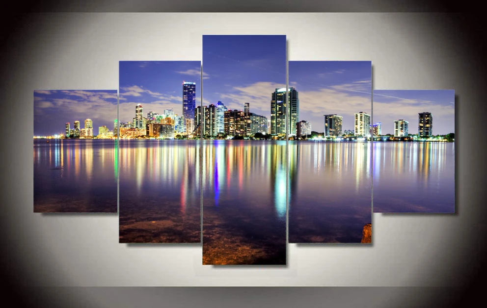 5 панелей ночной город Вид живописи для гостиной стены в искусстве подарок