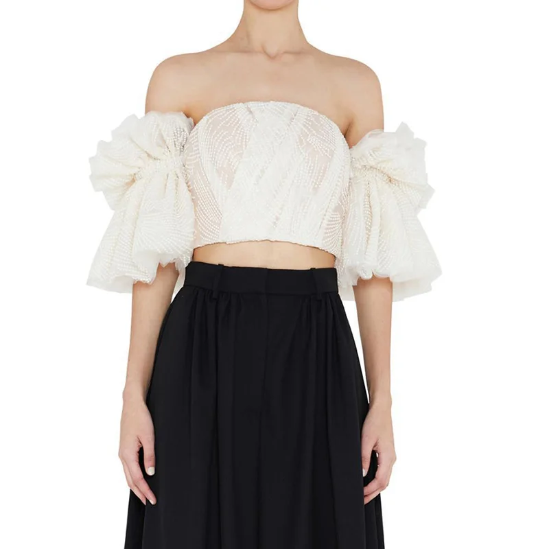 Женский сетчатый топ с открытыми плечами и вышивкой|Футболки| |