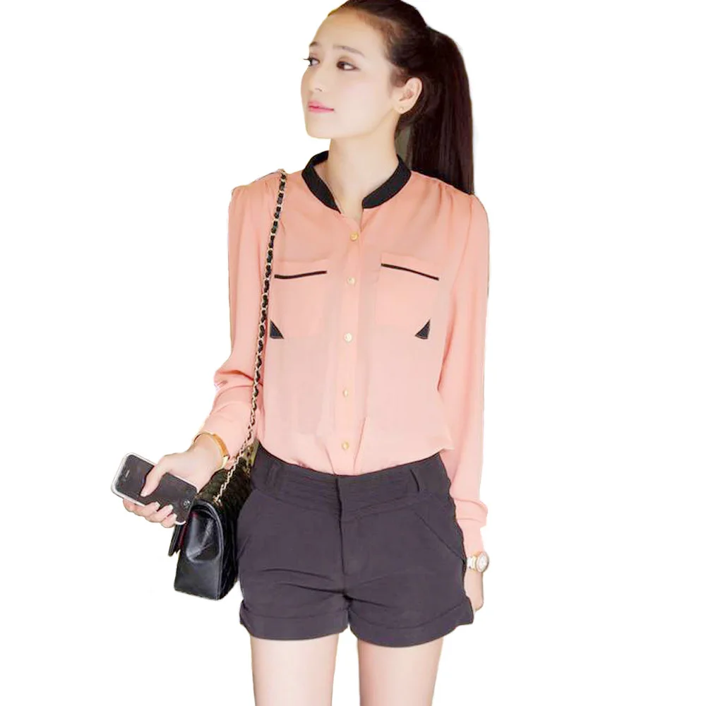 Женская шифоновая блузка с воротником стойкой длинным рукавом|chiffon blouse|korean womentop