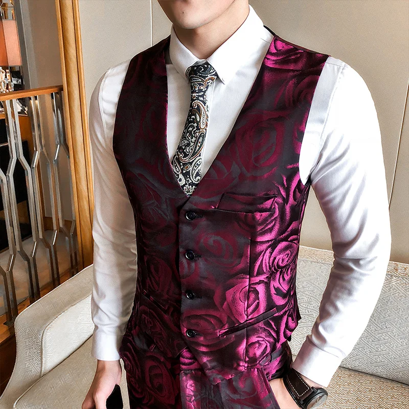 Новый бренд мужской плюс размер 5XL красный цветочный узор Slim Fit Мужские костюмы