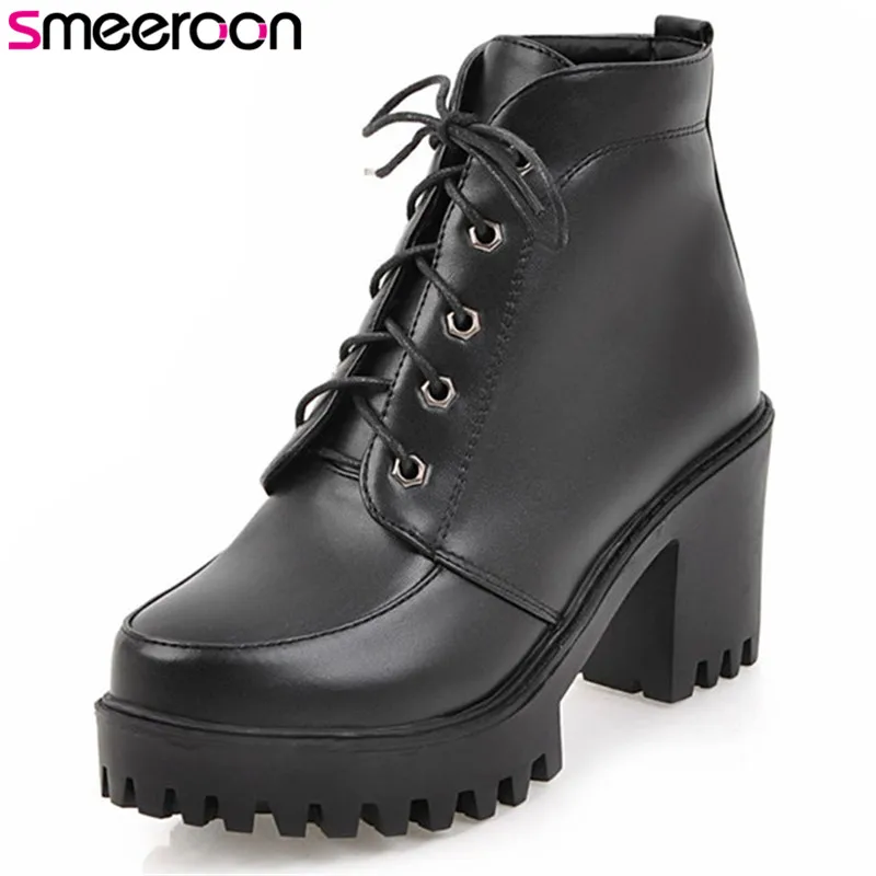 

Женские ботильоны из искусственной кожи Smeeroon, Черные ботильоны на высоком каблуке, на шнуровке, на платформе, большие размеры 33-43, осень 2020