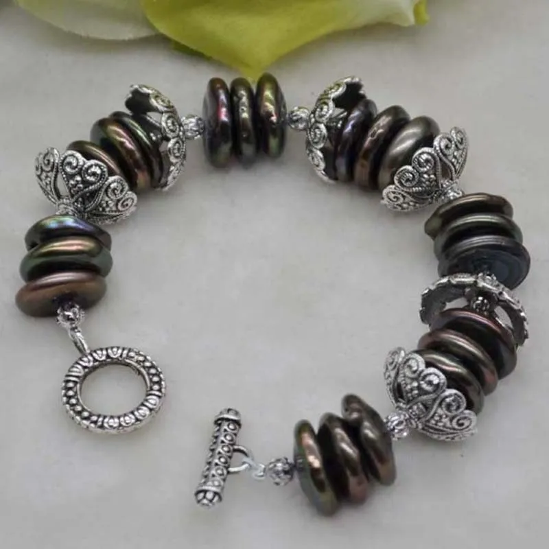 

15-17mm coin flat black FW pearl bracelet Thai silver 21cm