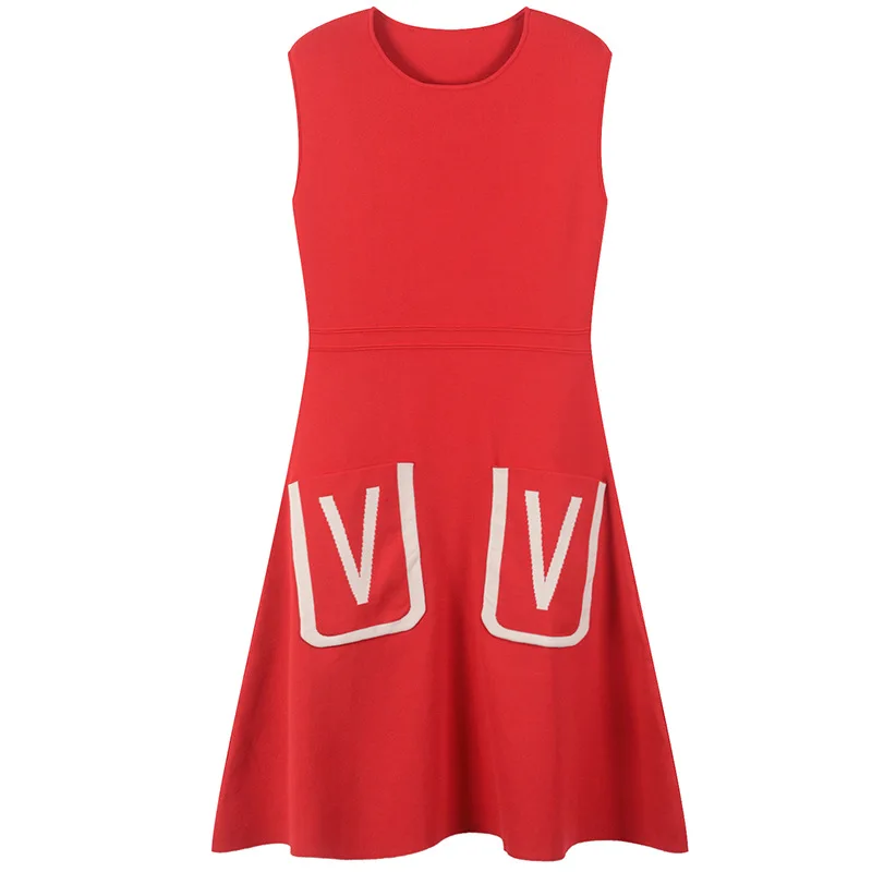 fall new round neck sleeveless letter pattern big pocket women slim knitted dress
