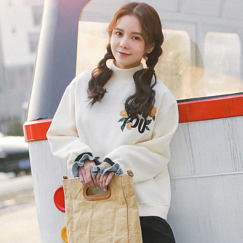 2017 женские весенние Осенние новые модные милые свитшоты с цветочной вышивкой