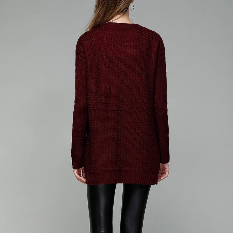 Женский осенний свитер кардиганы Fincati 2017 длинный рукав круглый вырез кожаная